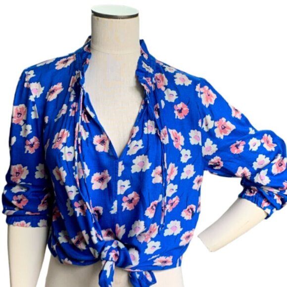 Lucky Brand Floral V-Neck/Tie-Neck Top Slit Shoulder Sz M Blue Pink 52G - Picture 7 of 12